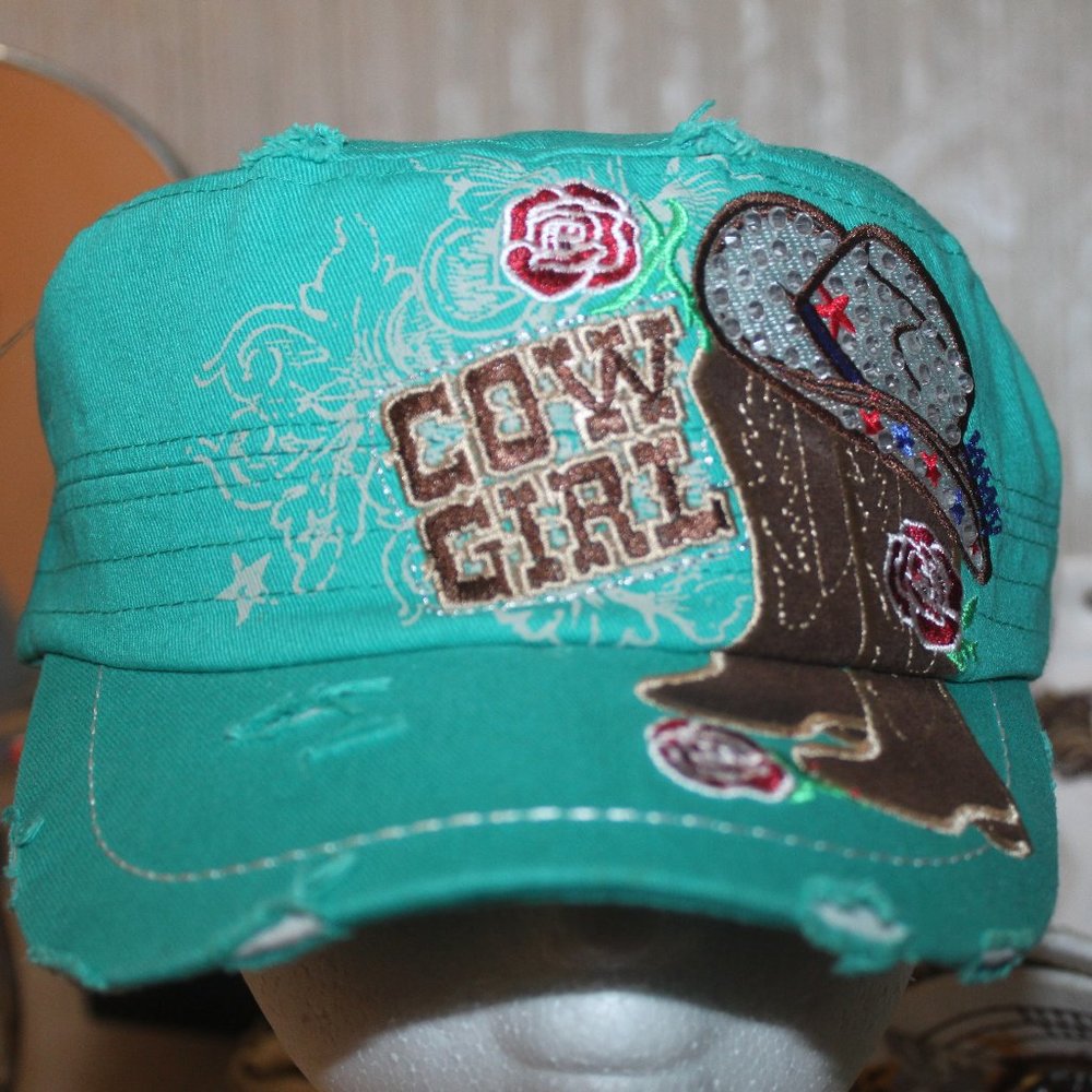 Wtags: Western Aqua Cowgirl Boots & Hat in Brown